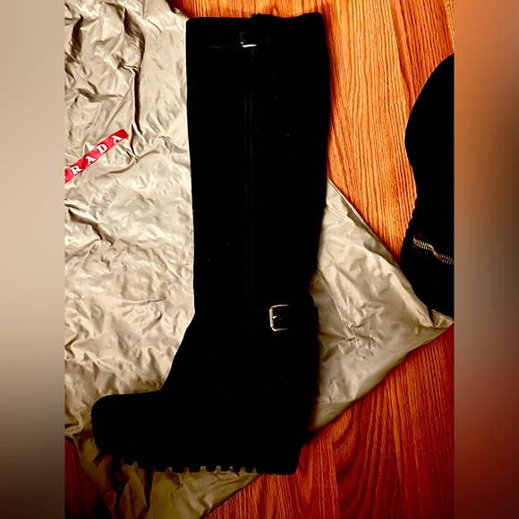 Prada Black Suede Leather Knee High Wedge Boots Size 38/8 - Picture 16 of 16